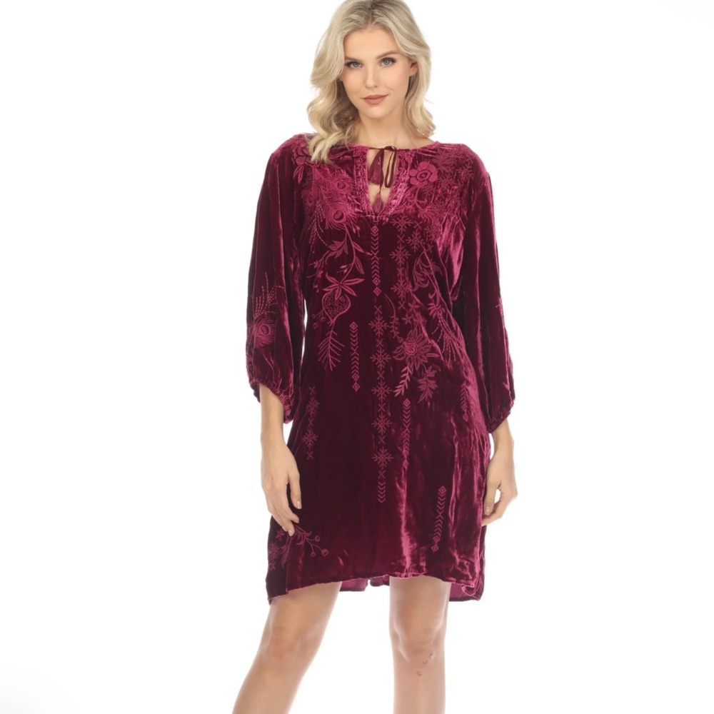 Johnny Was Azure Velvet Embroidered Relaxed Dress Size L Boysenberry